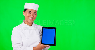 Buy stock photo Tablet, chef and portrait of woman on green screen for recipes, cooking videos and food website. Happy, restaurant and Asian person on digital tech for catering announcement, news and info in studio