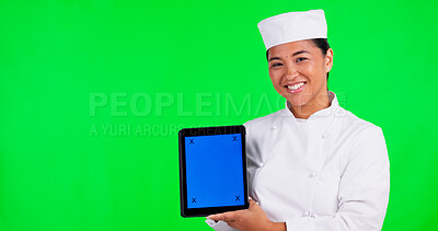 Buy stock photo Chef, portrait or woman with a tablet on a green screen with mockup space or menu for catering industry. Asian food, ads or female cook with smile in studio ready for cooking for Chinese restaurant