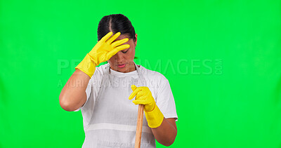 Buy stock photo Green screen, tired cleaner and woman with gloves, fatigue and burnout in cleaning service or work on background. Exhausted maid, lady sweating and stress in housework or housekeeper job in studio