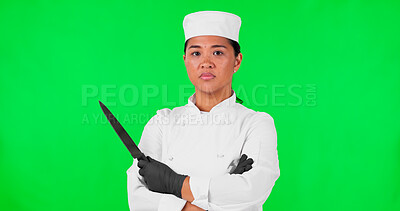 Portrait, woman and chef portrait with a knife on a green screen with confidence for career or industry. Serious asian person or cook with tools for cooking, marketing or advertising for restaurant