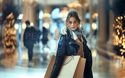 Portrait, shopping bags and woman in city, customer and luxury with lights, promotion and purchase. Face, outdoor and model with discount deal, products on sale or client with items, buying or person
