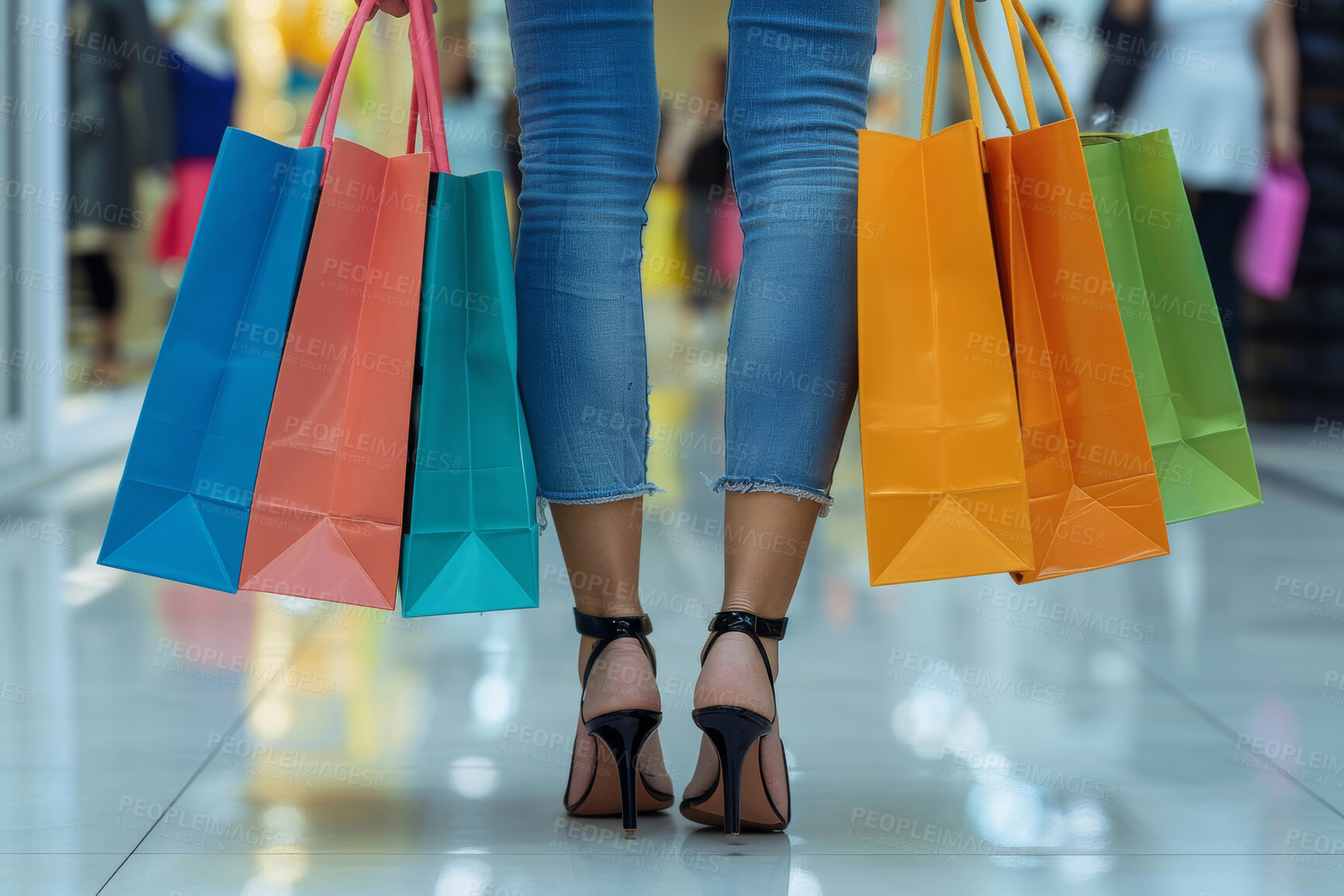 Buy stock photo legs of person, walking and shopping bag at mall for promotion, retail therapy and customer discount. Shoes, woman and fashion in Milan for weekend holiday, purchase or sales in boutique store