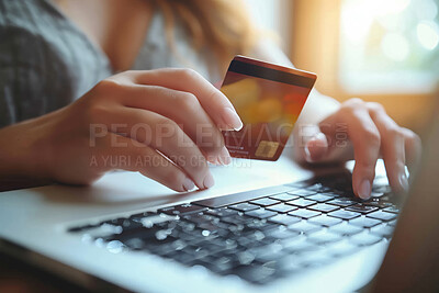 Home, laptop and hand of woman with credit card for online shopping, payment and fintech investment. Female person, customer and digital banking with tech for ecommerce, website and transaction