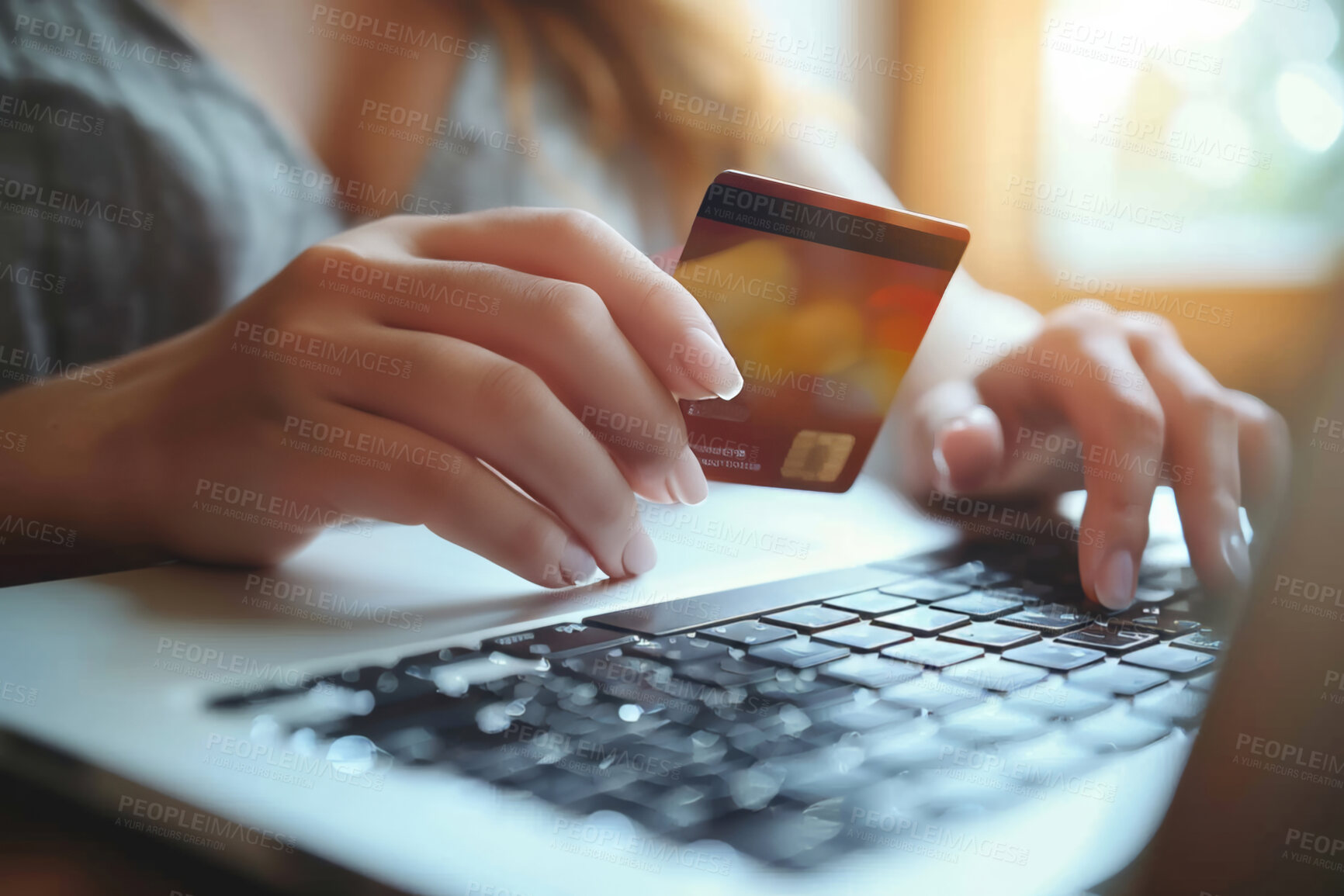 Buy stock photo Home, laptop and hand of woman with credit card for online shopping, payment and fintech investment. Female person, customer and digital banking with tech for ecommerce,  website and transaction