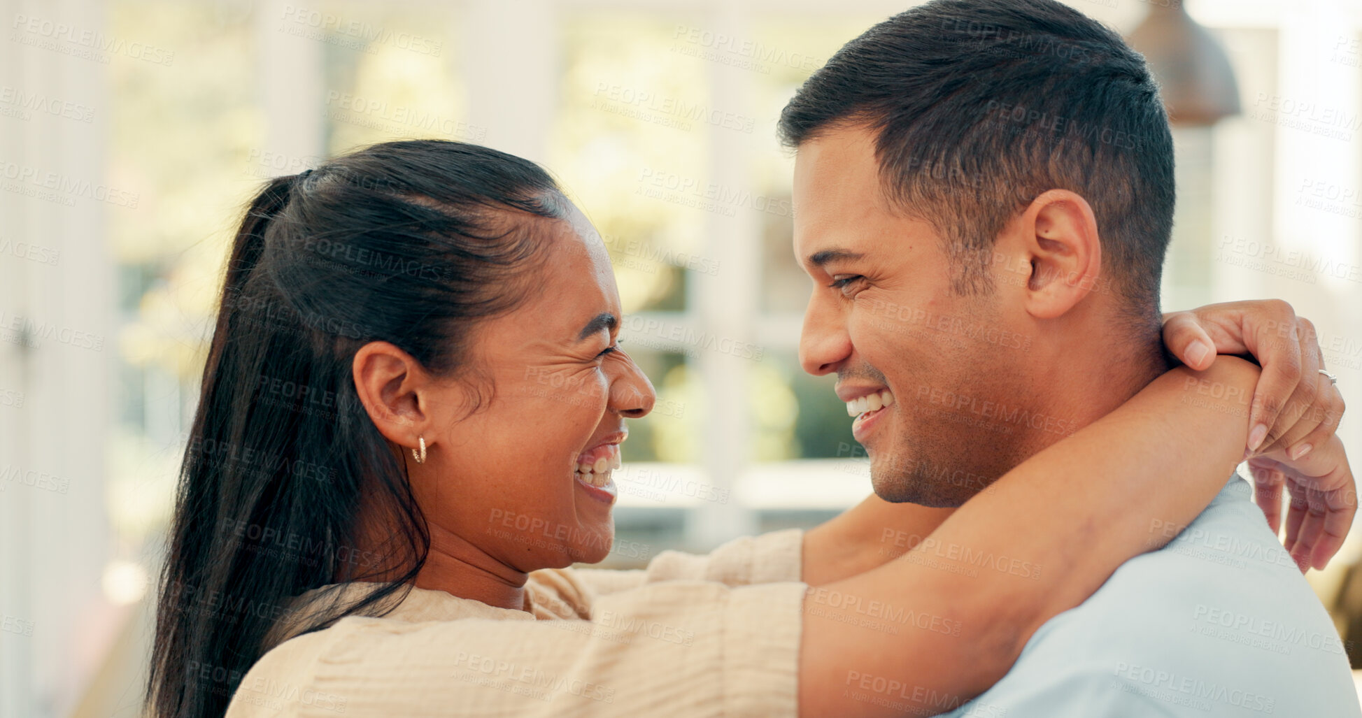 Buy stock photo Happy, hugging and couple dance in kitchen at home with music, playlist or radio for romance. Love, smile and young woman embracing, bonding and moving with man to album together at apartment.