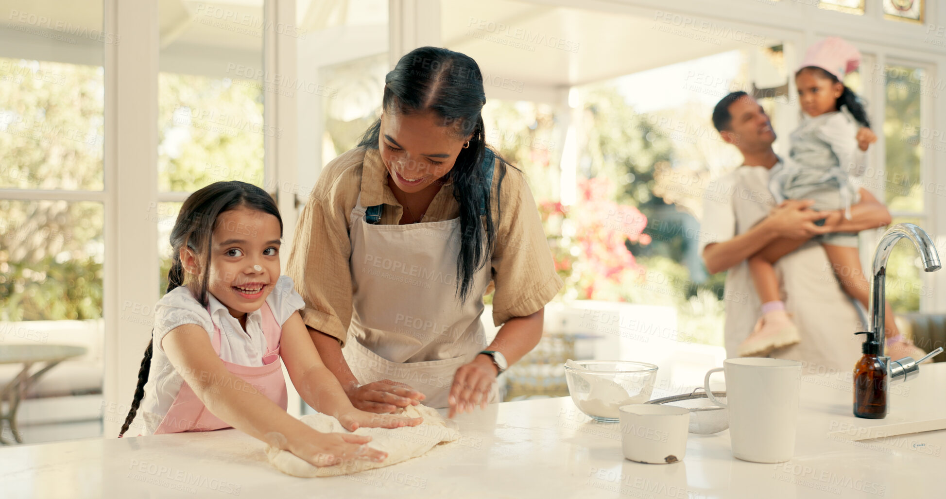 Buy stock photo Family, children and baking in home or dough learning for breakfast with ingredients, pastry or lesson. Mother, father and siblings at kitchen counter for wheat bread teaching, cooking or bonding