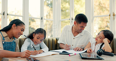 Writing, children learning and parents in home education, math support and helping at kitchen table. Mother, father and girls for school homework, family teaching and project, development or language