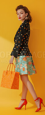 Studio, fashion and portrait of woman with shopping bag for retail deal, discount or giveaway. French person, customer and confident with packaging for clothes, sale and commerce on yellow background