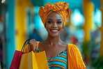 Portrait, bags and black woman with retail, customer and luxury with products on sale, discount deal and purchase. Face, person and model with smile, package and client with items, smile or promotion