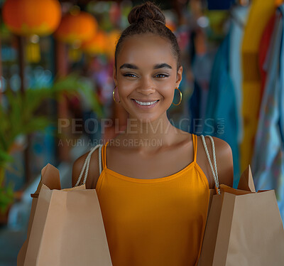 Portrait, bags and woman with customer, product and luxury with shopping market, promotion and purchase. Face, person and model with discount deal, items on sale or client with gift, buying or retail