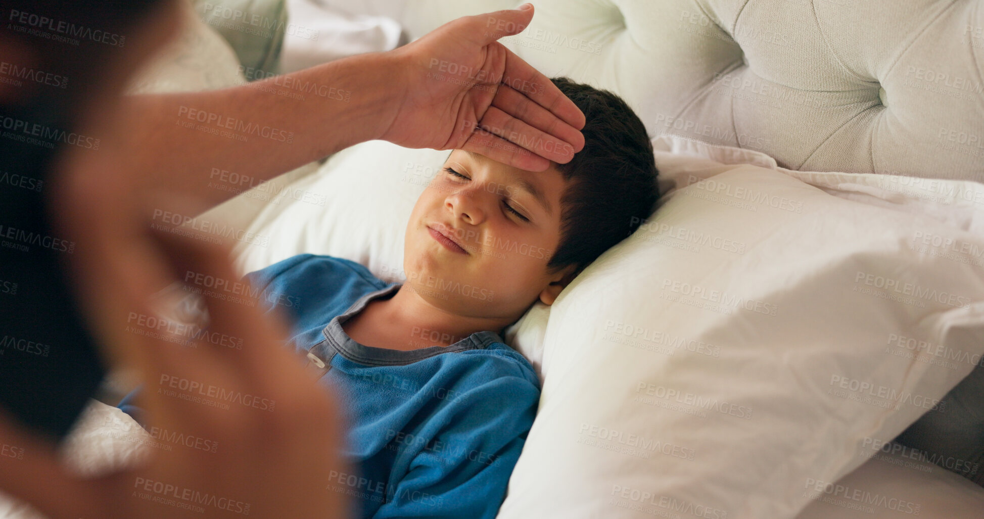 Buy stock photo Boy, mother and sick on bed in home with fever, worry and phone call with symptoms, help and healthcare. Child, ill and bedroom with parent, concern and touch forehead for diagnosis, support and care