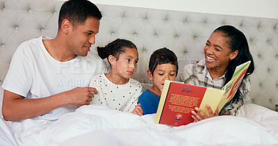 Book, parents and children laughing in bedroom with reading, teaching and happy family learning in home. Happiness, fantasy and mom, dad and kids relax on bed with love, time and funny storytelling.