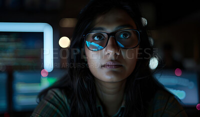 Buy stock photo Woman, face and coder at night with computer for problem solving, hacking or cybersecurity at office. Female person or programmer working late on complex code or algorithm for software development