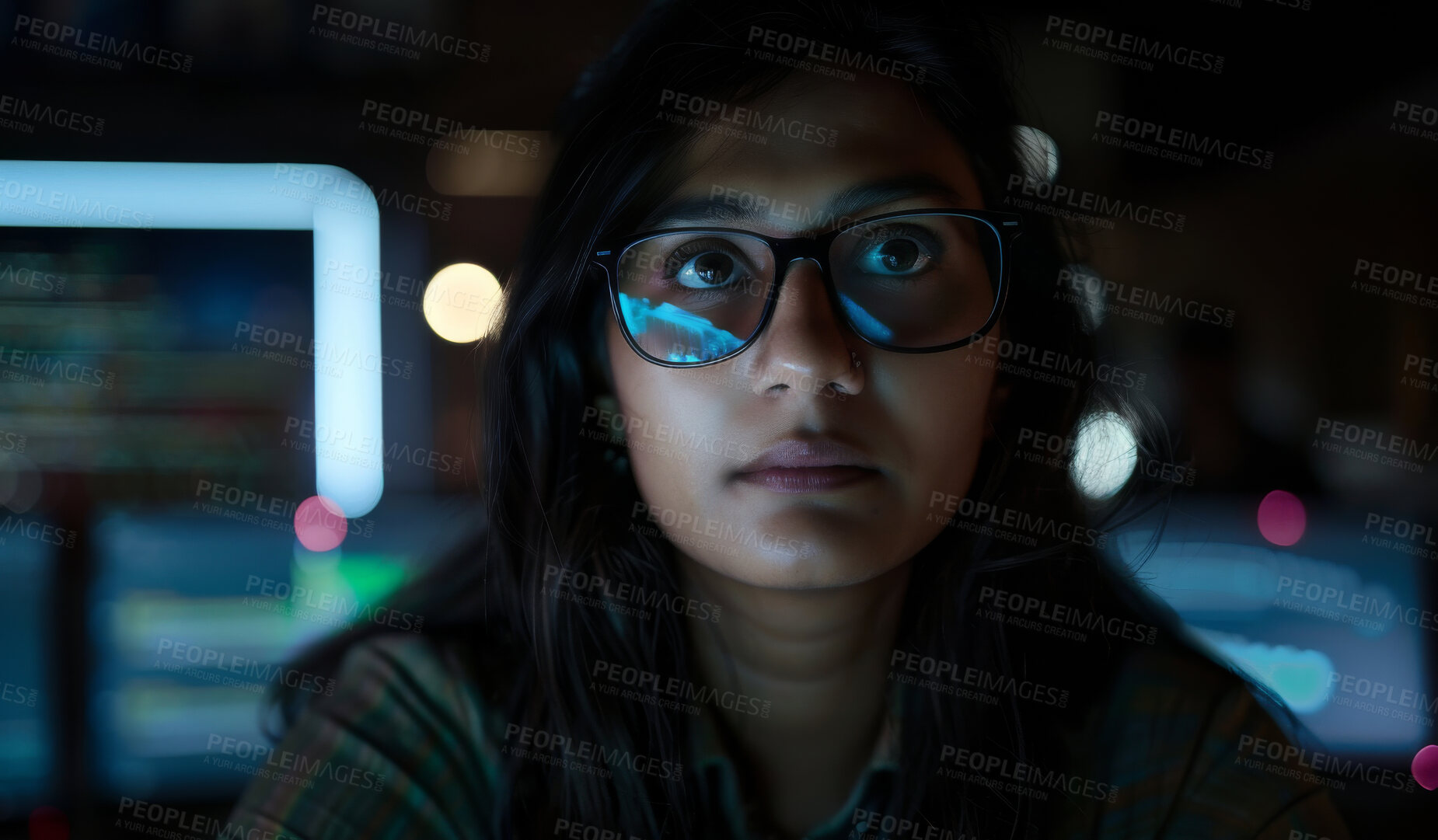 Buy stock photo Woman, face and coder at night with computer for problem solving, hacking or cybersecurity at office. Female person or programmer working late on complex code or algorithm for software development