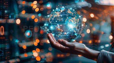 Hand, globe and night with 3D hologram for global communication, network or world spread of map. Closeup of person or palm with digital planet, technology or transformation on holographic earth