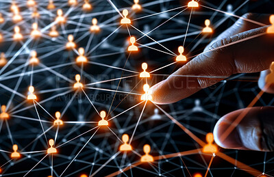Hand, business and networking contact or world communication with person icon, map or globalization. Fingers, light and connection information or online interface with tech, futuristic or holographic