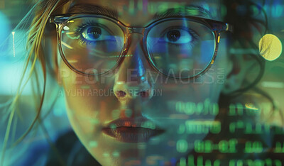 Buy stock photo Woman, code and reading digital software, information technology or cybersecurity dashboard and hacker. Server, programming and data analysis and fintech, research and female person or glasses