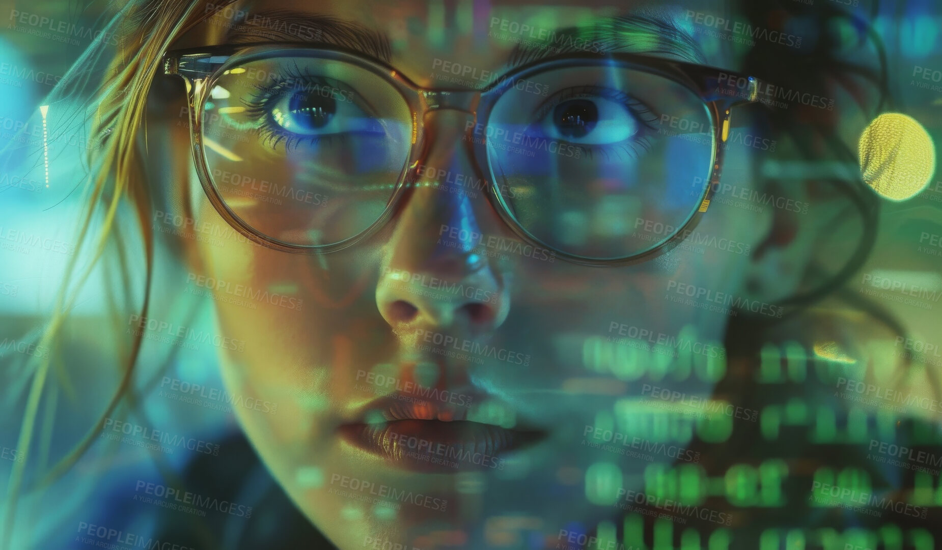 Buy stock photo Woman, code and reading digital software, information technology or cybersecurity dashboard and hacker. Server, programming and data analysis and fintech, research and female person or glasses