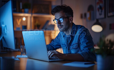 Buy stock photo Programmer, laptop and night with office, research and overtime work and analysis. Web designer, technology and database for big data, cloud computing and networking for communication and ux startup