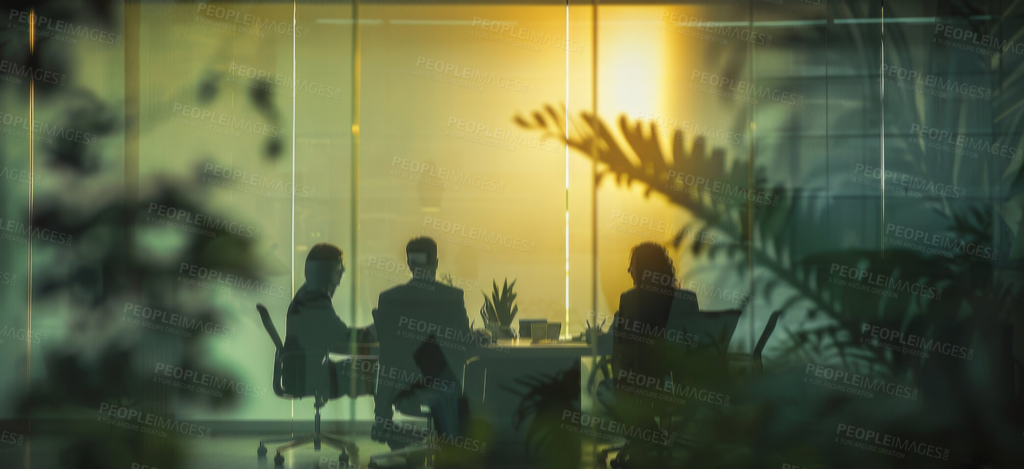 Buy stock photo Silhouette, business people and team in meeting for brainstorming, plan or collaboration together. Group, shadow and discussion of employees in office for strategy of consultants with plants at night