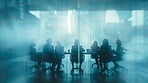 Boardroom, silhouette and meeting with fog, brainstorming and communication for business. Office, conference and planning for partnership, teamwork and corporate organisation for strategy and goal