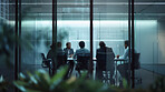 Boardroom, silhouette and meeting with partnership, brainstorming and communication for business. Office, conference and planning for discussion, teamwork and corporate organisation for strategy