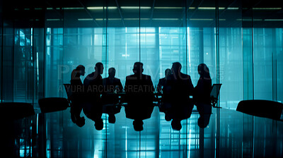 Boardroom, silhouette and communication with discussion, brainstorming and meeting for business. Office, conference and planning for partnership, teamwork and corporate organisation for strategy
