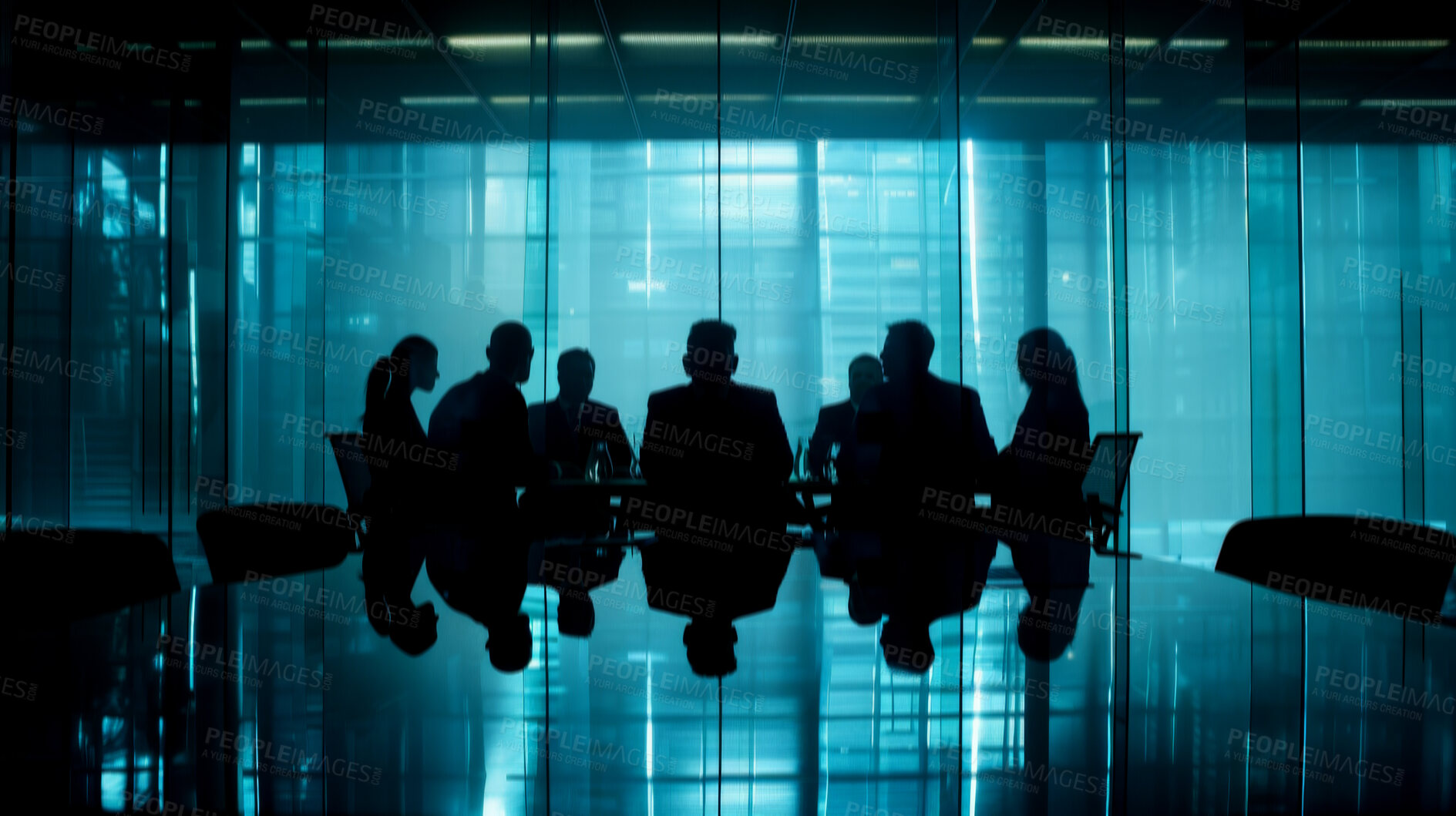 Buy stock photo Boardroom, silhouette and communication with discussion, brainstorming and meeting for business. Office, conference and planning for partnership, teamwork and corporate organisation for strategy