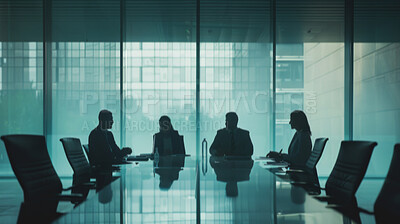 Boardroom, silhouette and meeting with teamwork, brainstorming and communication for business. Office, conference and planning for partnership, discussion and corporate organisation for strategy