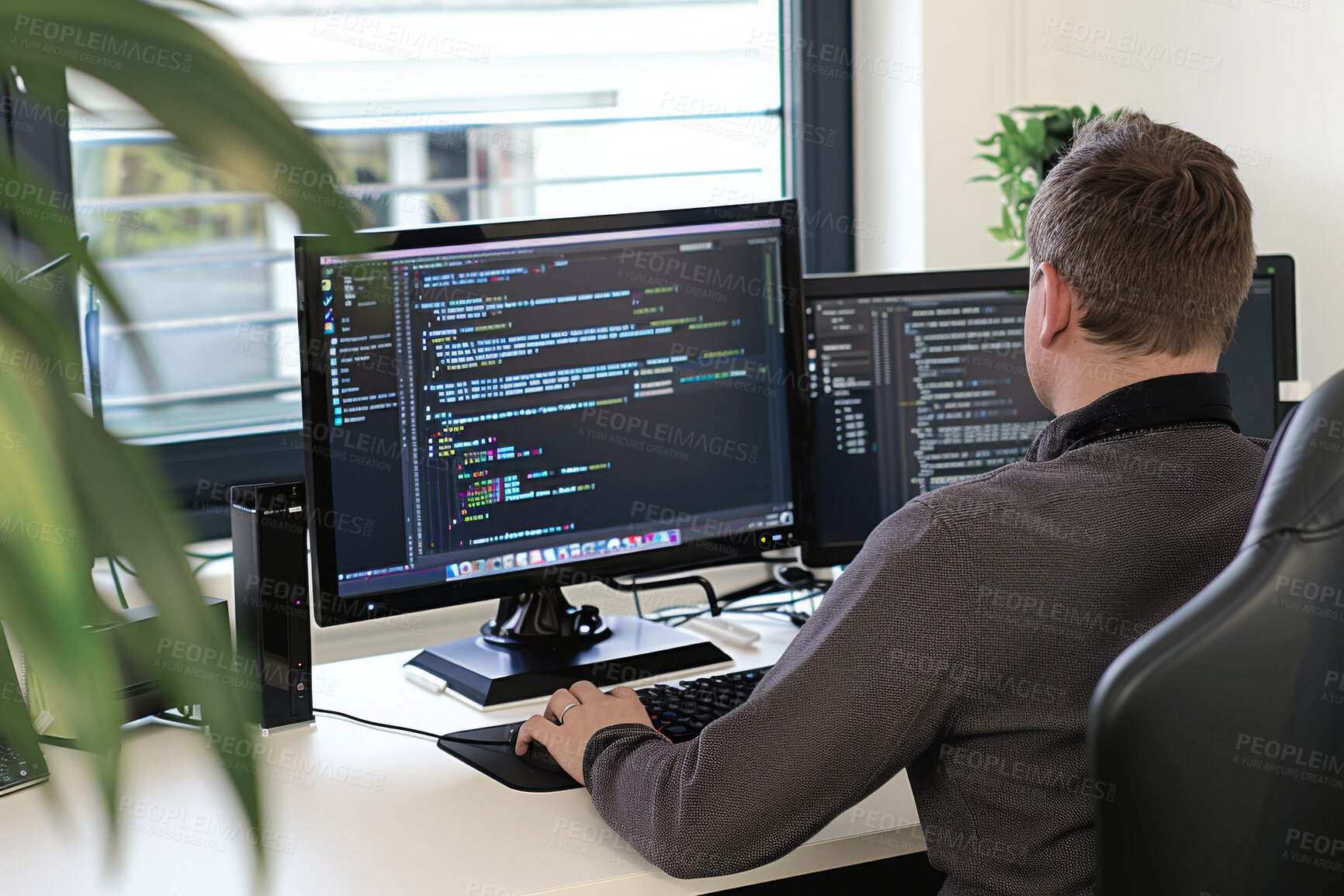 Buy stock photo Man, computer and coding in home for screen, programmer and cybersecurity for startup company. Male person, back and writing software on website for project, webdesign and internet for cpu system