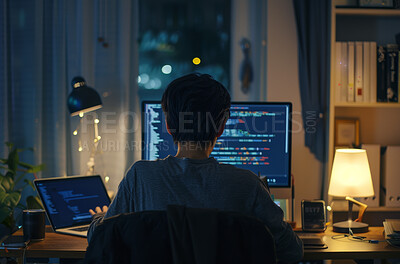 Woman, computer and web designer in home at night, programmer and cybersecurity for startup company. Female person, back and writing code on website or app, software and internet for cpu system