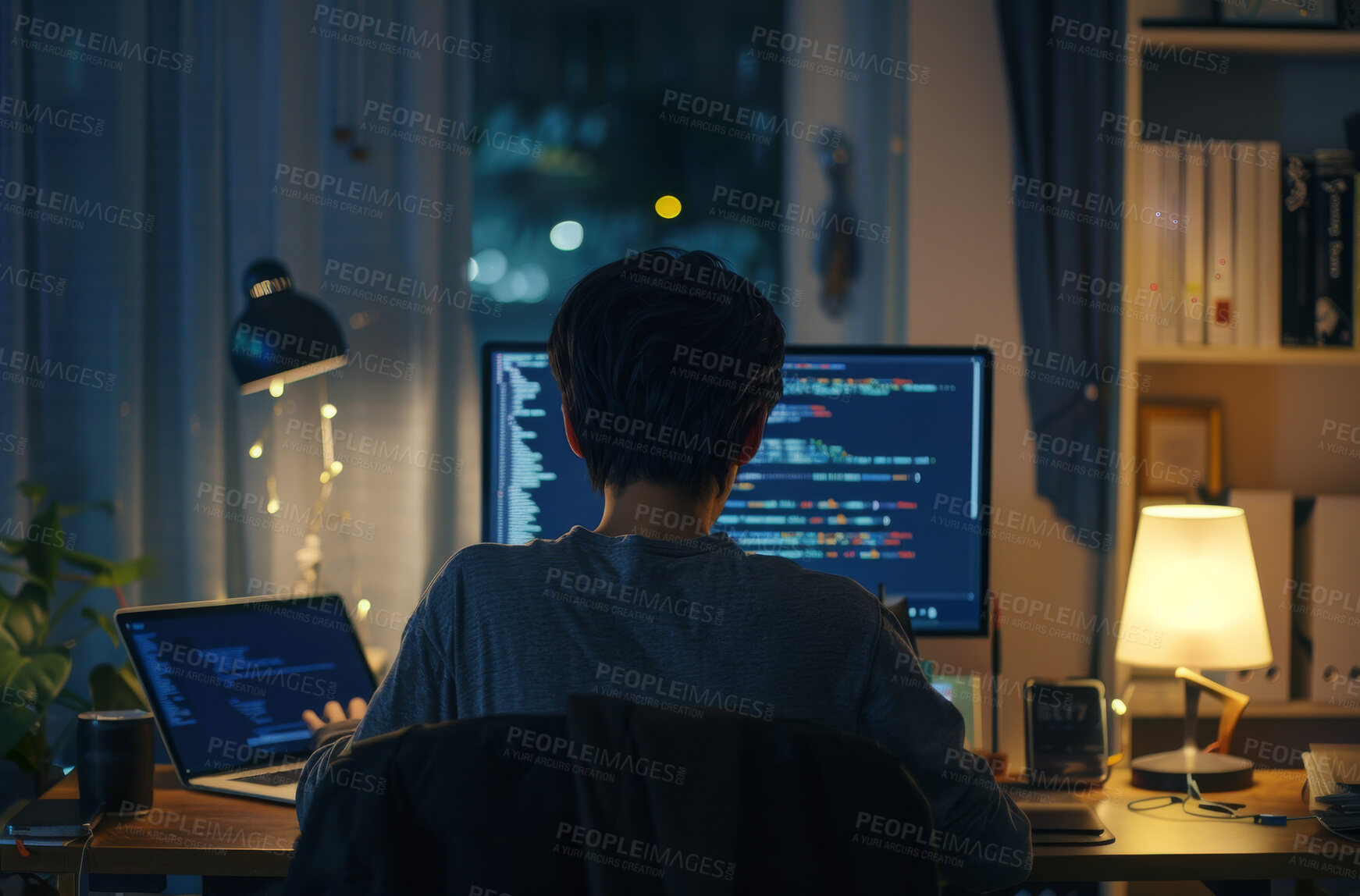 Buy stock photo Woman, computer and web designer in home at night, programmer and cybersecurity for startup company. Female person, back and writing code on website or app, software and internet for cpu system