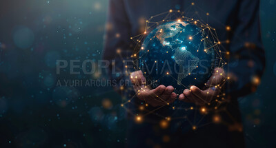 Man, world and network connection or technology, cyber space or digital globalisation with hologram. Online, global internet server or connect for website accessibility, programming or information