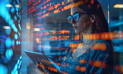 Woman, tablet and futuristic for programming, code and information technology or website. Computer science, tech and future for cybersecurity, dashboard and cloud computing or digital transformation