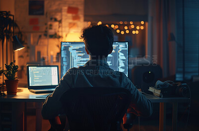 Man, computer and coding in office at night, programmer and cybersecurity for startup company. Male person, back and writing software on website or app, data analytics and internet for cpu system