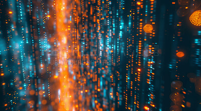 Abstract, bokeh or lights as holographic, dark or wallpaper overlay as future design aesthetic. Dots, lines or pattern as particles, energy or data stream of science fiction on server technology