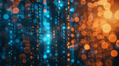 Bokeh, glow or data stream of binary code as abstract art by storage, cloud computing or cyberspace. Lights, zero or one as lines, dots or pattern of energy transformation on dark web cybersecurity