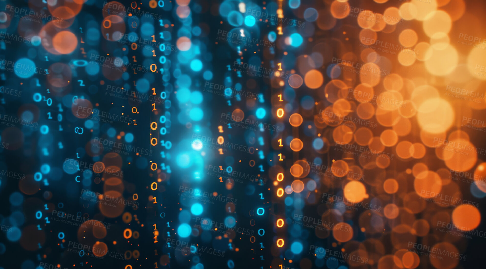 Buy stock photo Bokeh, glow or data stream of binary code as abstract art by storage, cloud computing or cyberspace. Lights, zero or one as lines, dots or pattern of energy transformation on dark web cybersecurity