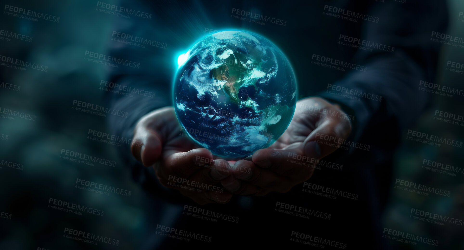 Buy stock photo World, hologram or businessman hands with global networking, connection or cloud computing. Global, innovation and entrepreneur with palm plant for universe, change or abstract digital transformation