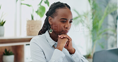Business, thinking or black woman in office with laptop, insight or decision, planning or conclusion. Questions, why or African lady entrepreneur with computer for solution, research or brainstorming