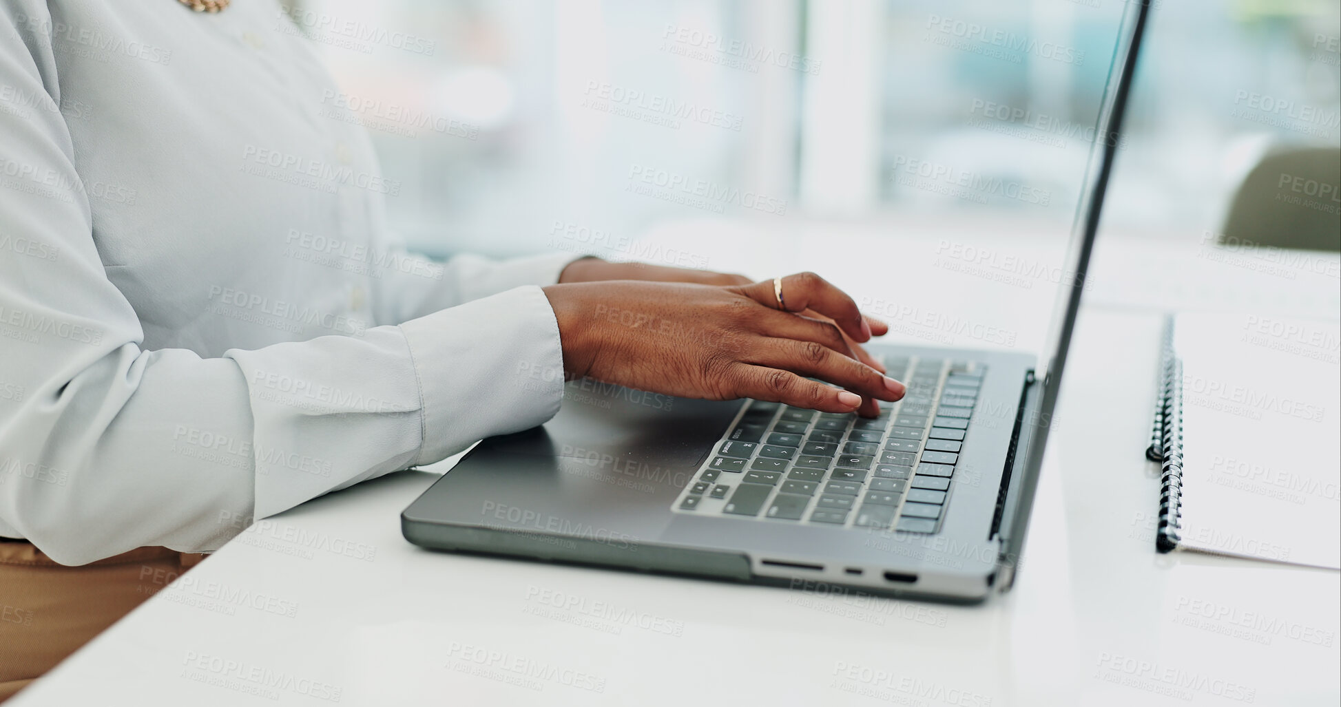 Buy stock photo Laptop, typing and hands of woman in office with market research, online review or business plan. Admin, startup and girl at computer writing report, feedback email or proposal for networking at desk