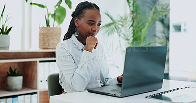 Business woman, thinking and laptop for online research in office and information on digital tech at desk. Black person, editor and inspiration on internet and creative writing on computer on blog