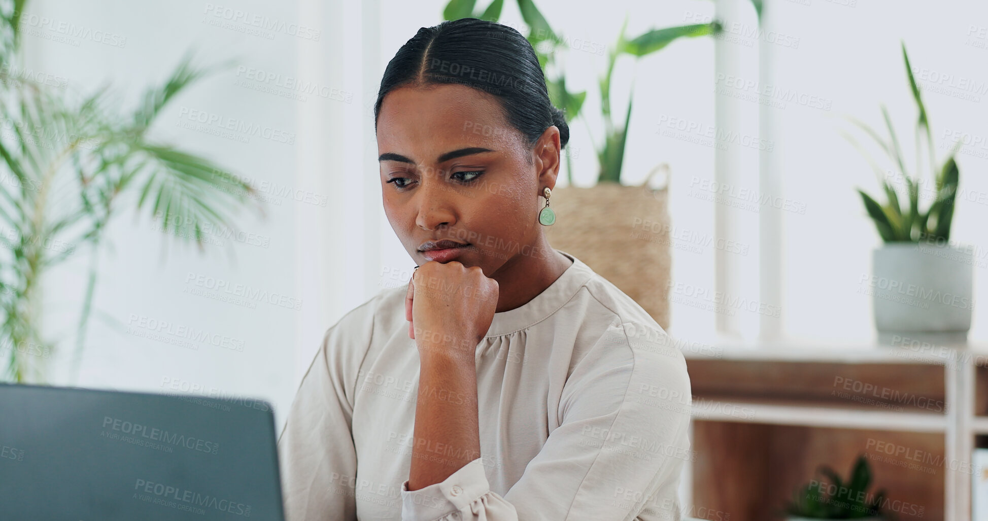 Buy stock photo Business woman, thinking and decision with laptop for choice, planning or research at the office. Face of thoughtful female person in wonder for project, idea or solution on computer at the workplace