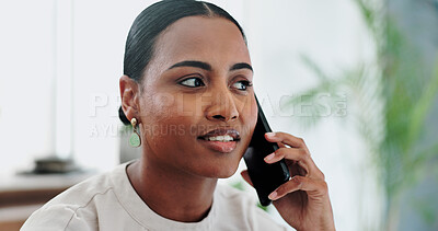 Happy woman, business and conversation with phone call for communication or networking at office. Face of young female person talking with smile on mobile smartphone for discussion at the workplace