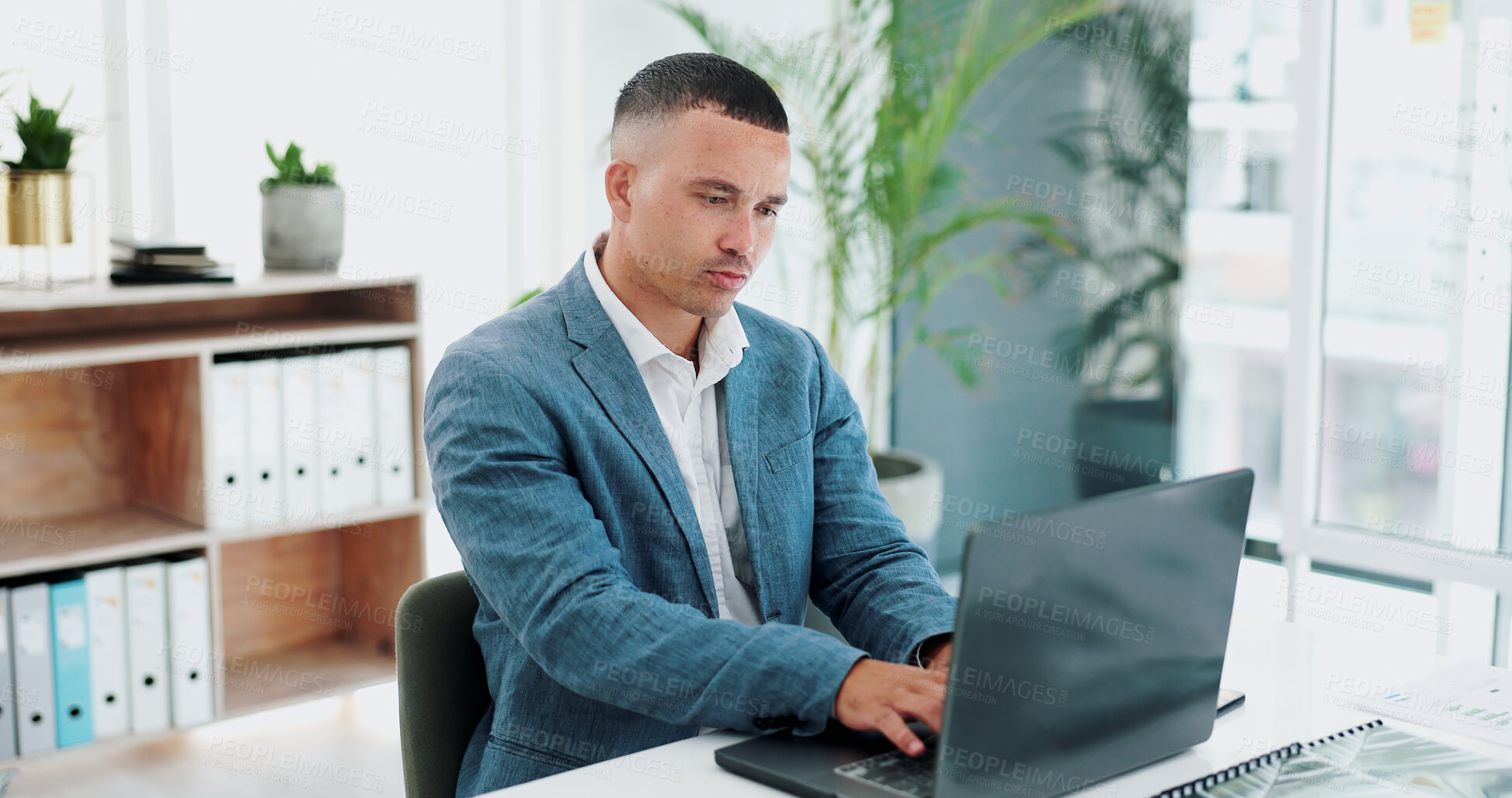 Buy stock photo Businessman, thinking and laptop for online research in office and information for problem solving at desk. Researcher, planning or solution on computer or internet for digital journal to reference