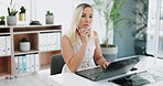 Business woman, writing and laptop for typing in office desk and online proposal for corporate. Accountant, thinking and email on financial performance for company report and document for feedback