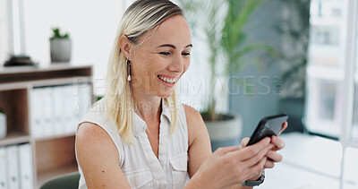 Happy woman, business and conversation with typing for communication or networking at office. Female person or employee with smile and talking on mobile smartphone for discussion at workplace