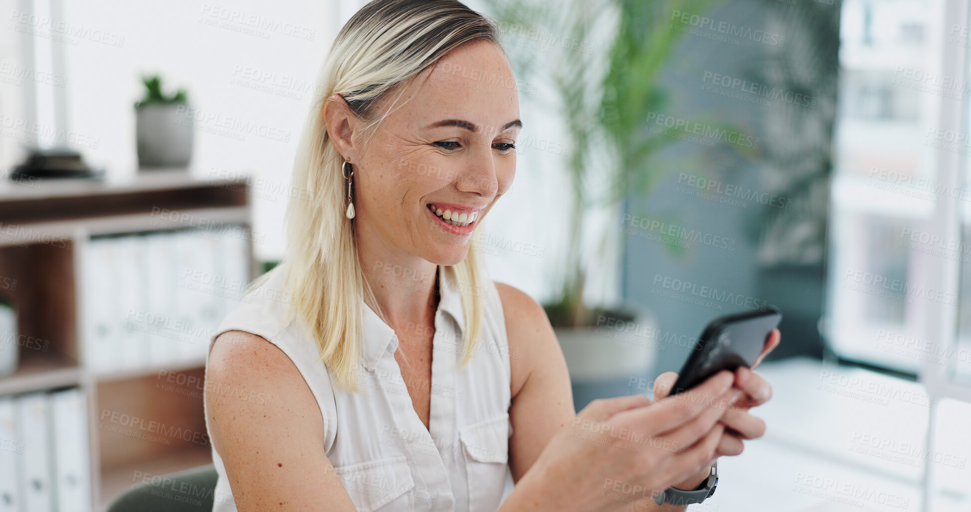 Buy stock photo Happy woman, business and conversation with typing for communication or networking at office. Female person or employee with smile and talking on mobile smartphone for discussion at workplace