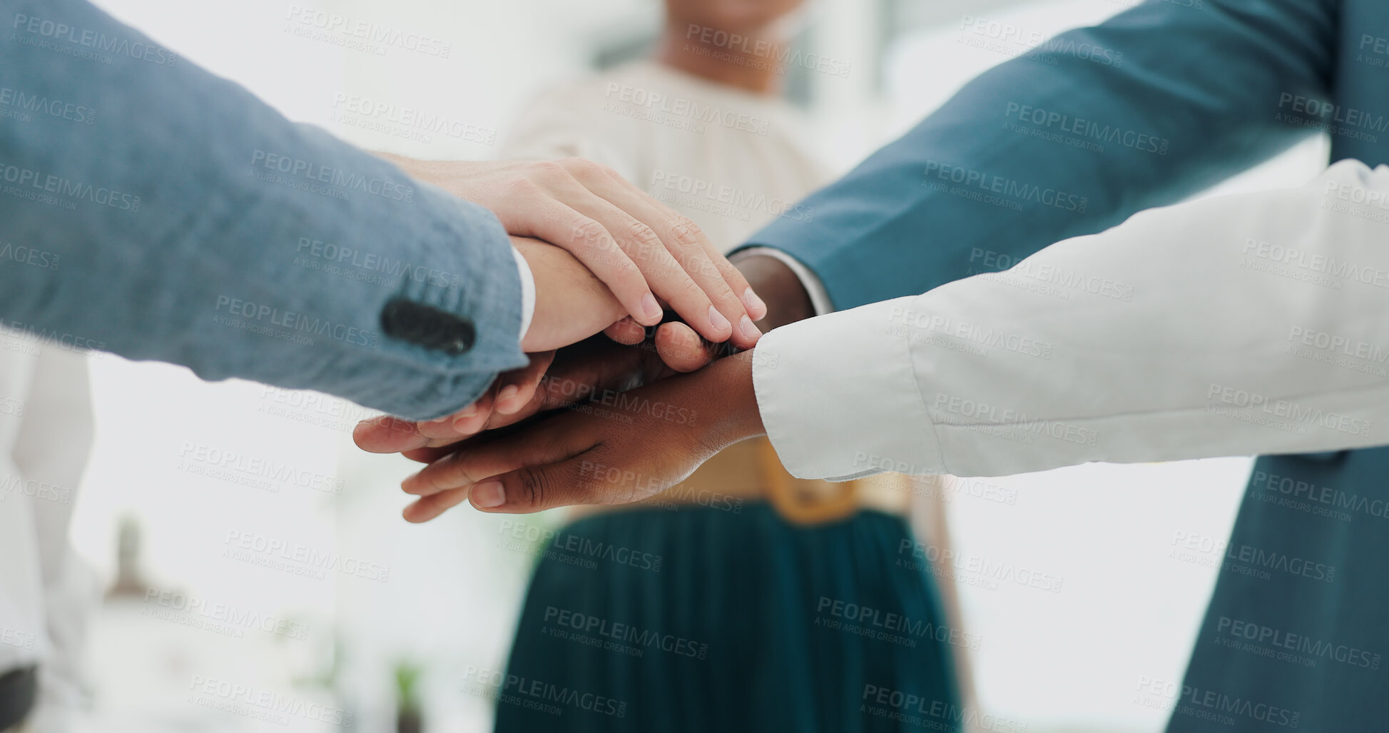 Buy stock photo Teamwork, hands and business people in office closeup with support, motivation and agreement. Solidarity, partnership and finger stack by corporate group together for team building, trust or goals