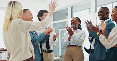 Happy, business people and applause with congratulations for winning, promotion or success at office. Group of employees clapping with smile for collaboration, teamwork or bonus together at workplace